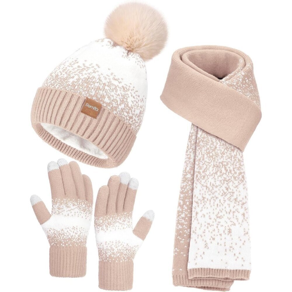 Womens Winter Beanie Hat Scarf Gloves Set Knit Touchscreen Warm Gift